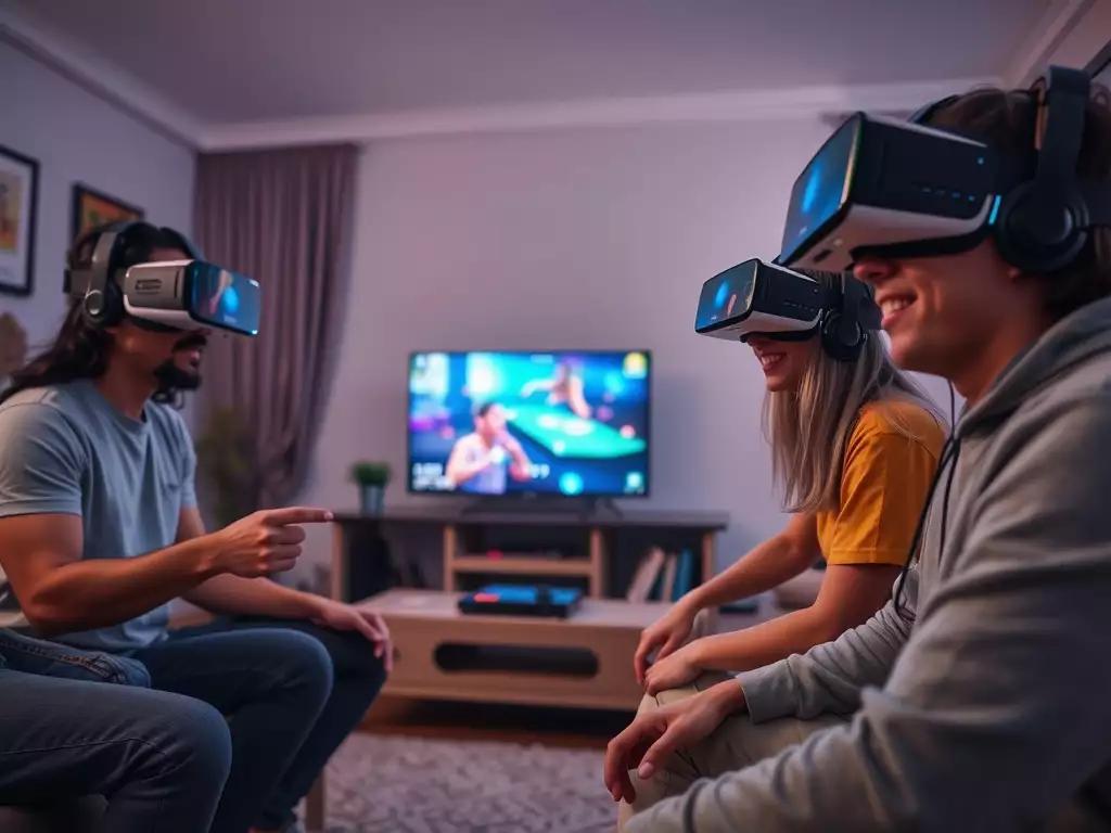Trois personnes portant des casques VR, interagissant ensemble dans une pièce avec une télévision en arrière-plan.