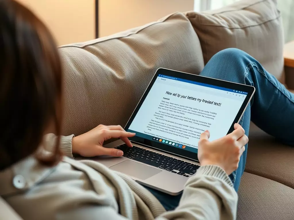 Personne utilisant un ordinateur portable 2-en-1 sur un canapé