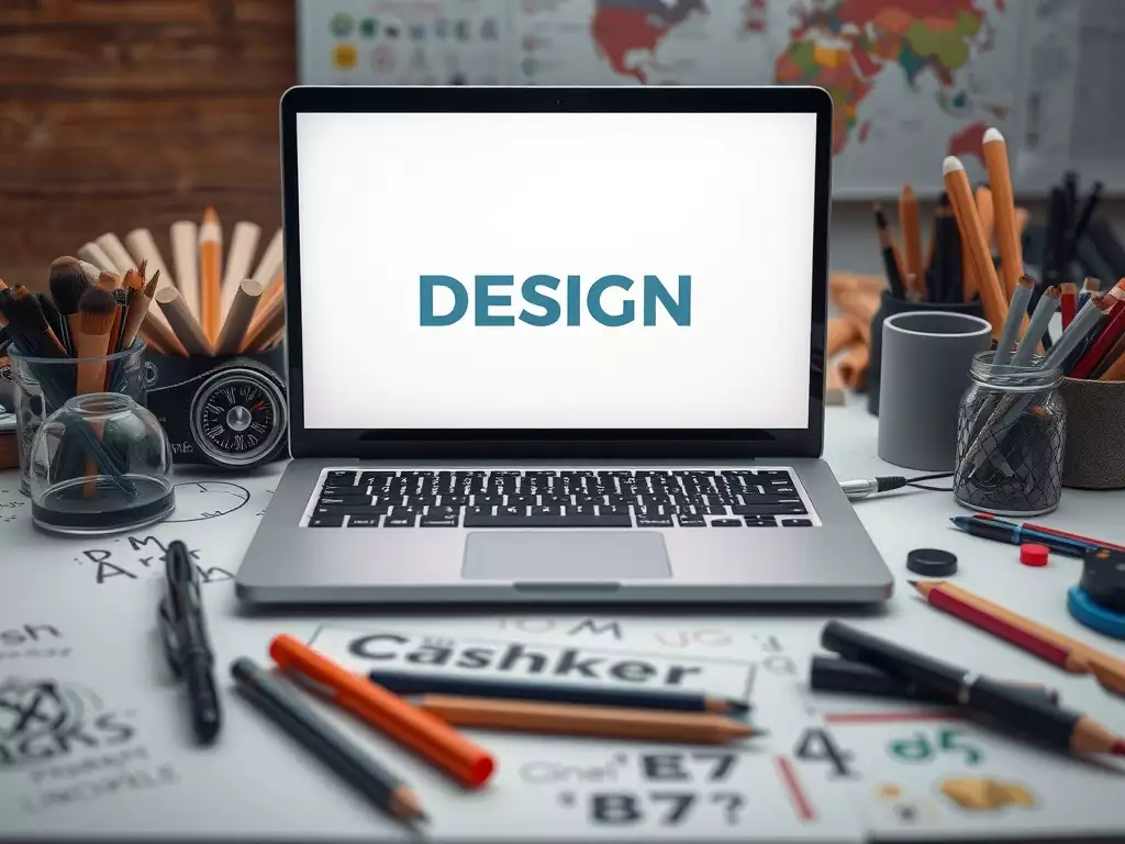 Un ordinateur portable sur un bureau créatif avec des fournitures de dessin