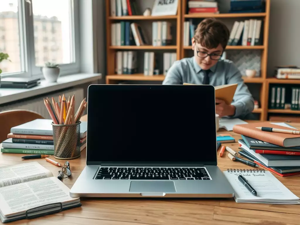 Un étudiant travaillant sur un ordinateur portable avec des fournitures scolaires autour.