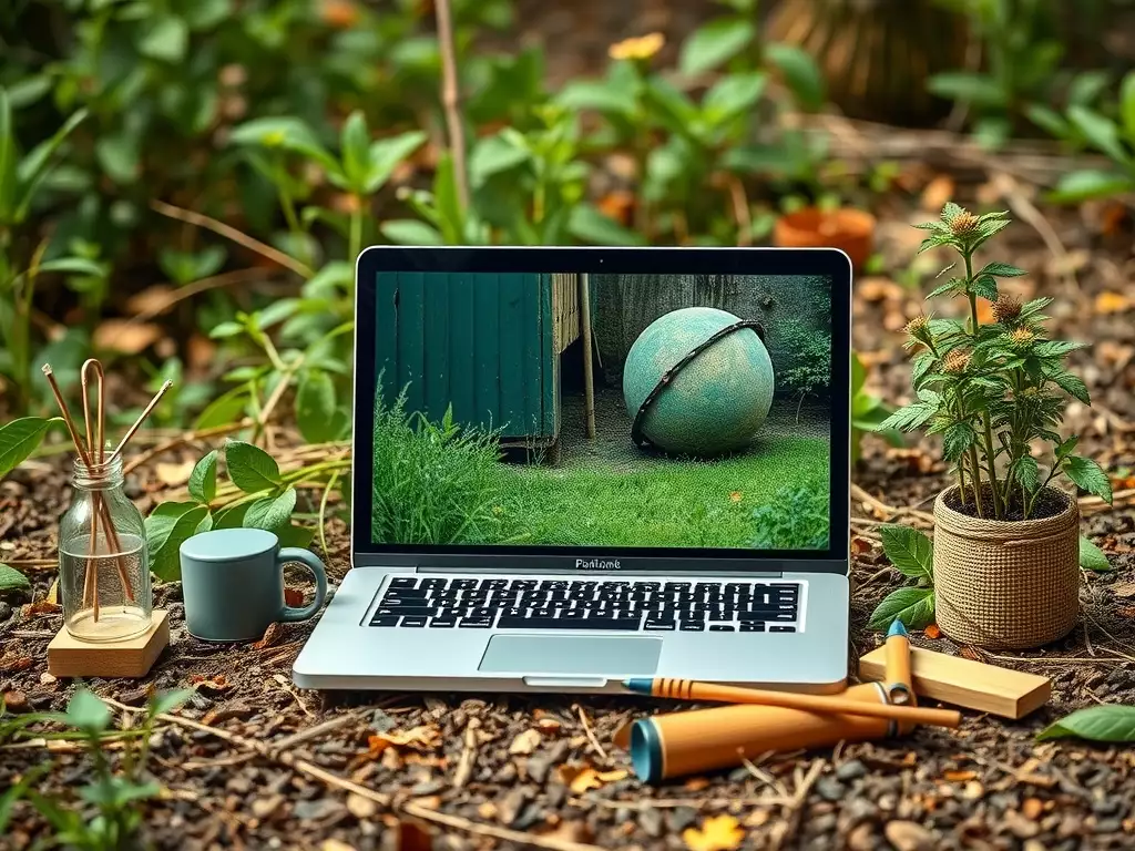 Un ordinateur portable sur une surface naturelle entouré de plantes et d'objets en bois.