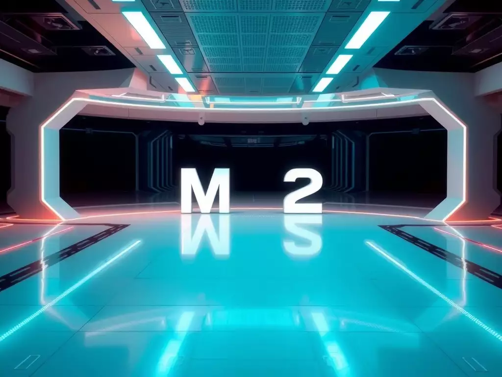 Un espace futuriste avec les lettres M et 2 lumineux