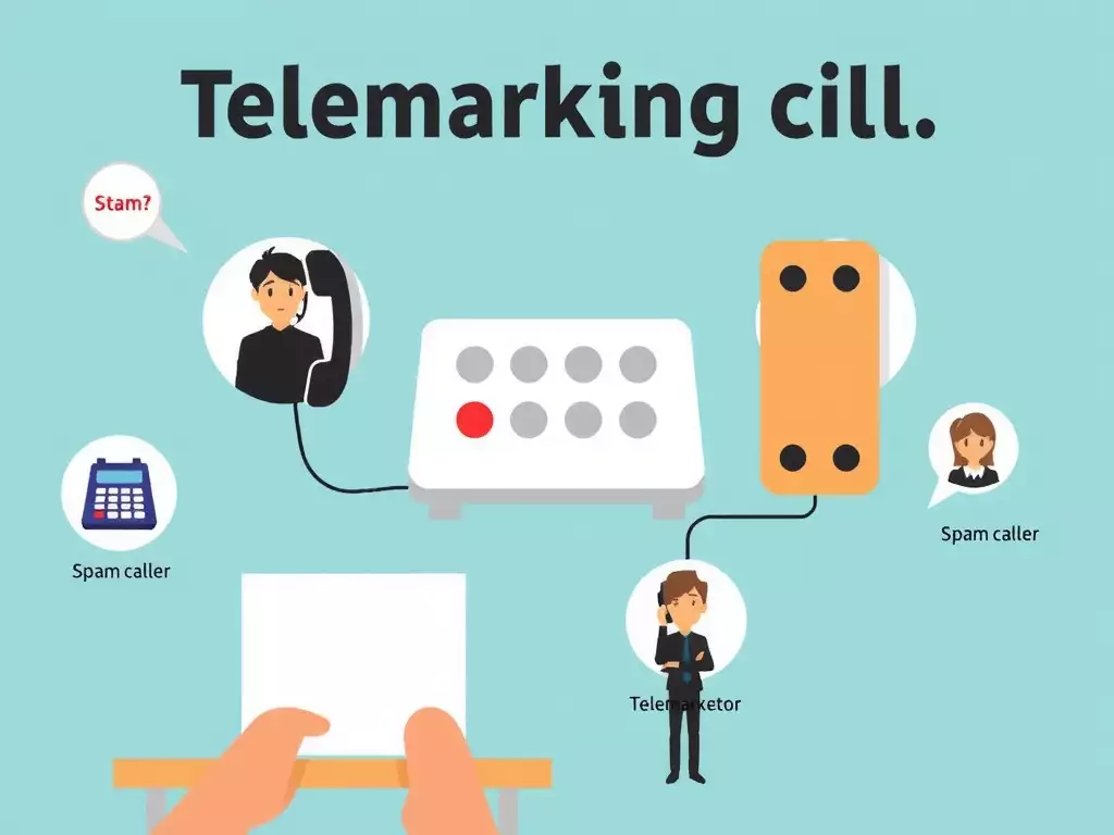 Une illustration montrant un appel de démarchage téléphonique avec un télémarketer et des appelants indésirables.