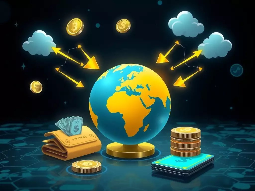 Graph representing money transfers around the world with cryptocurrency symbols.