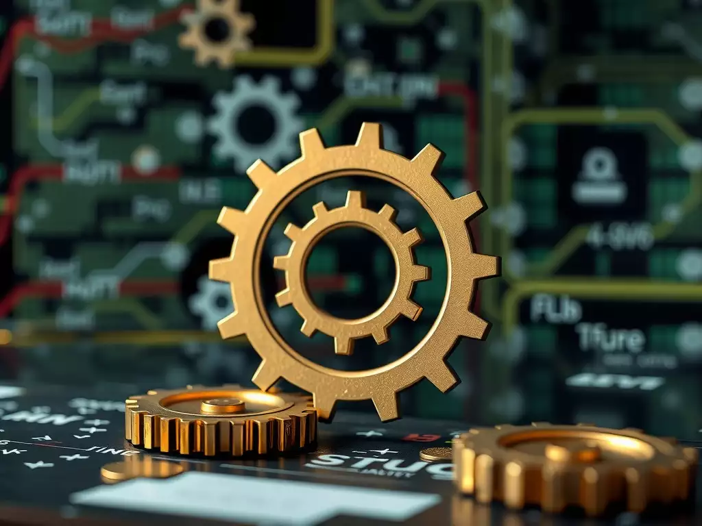 Golden cogs on an electronic board symbolize automation with smart contracts.