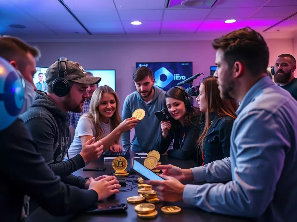 A group of interactive people around cryptocurrency.