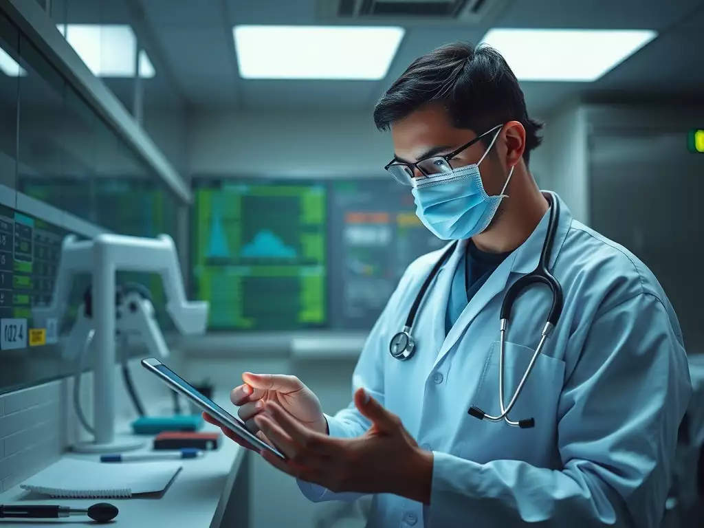 A healthcare professional using a tablet in a medical setting.