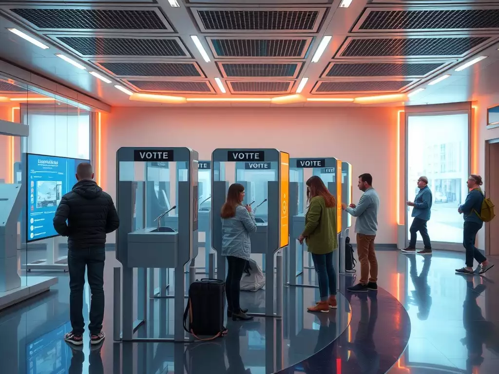 Modern voting system with voters using voting booths.