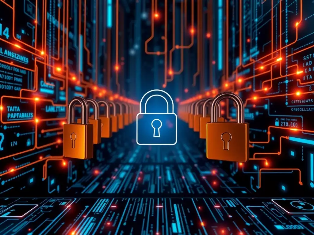 Visualization of data security with padlocks symbolizing protection and blockchain technology.