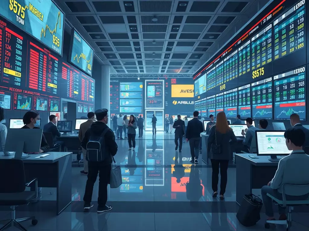 A financial market environment with screens displaying trading data.