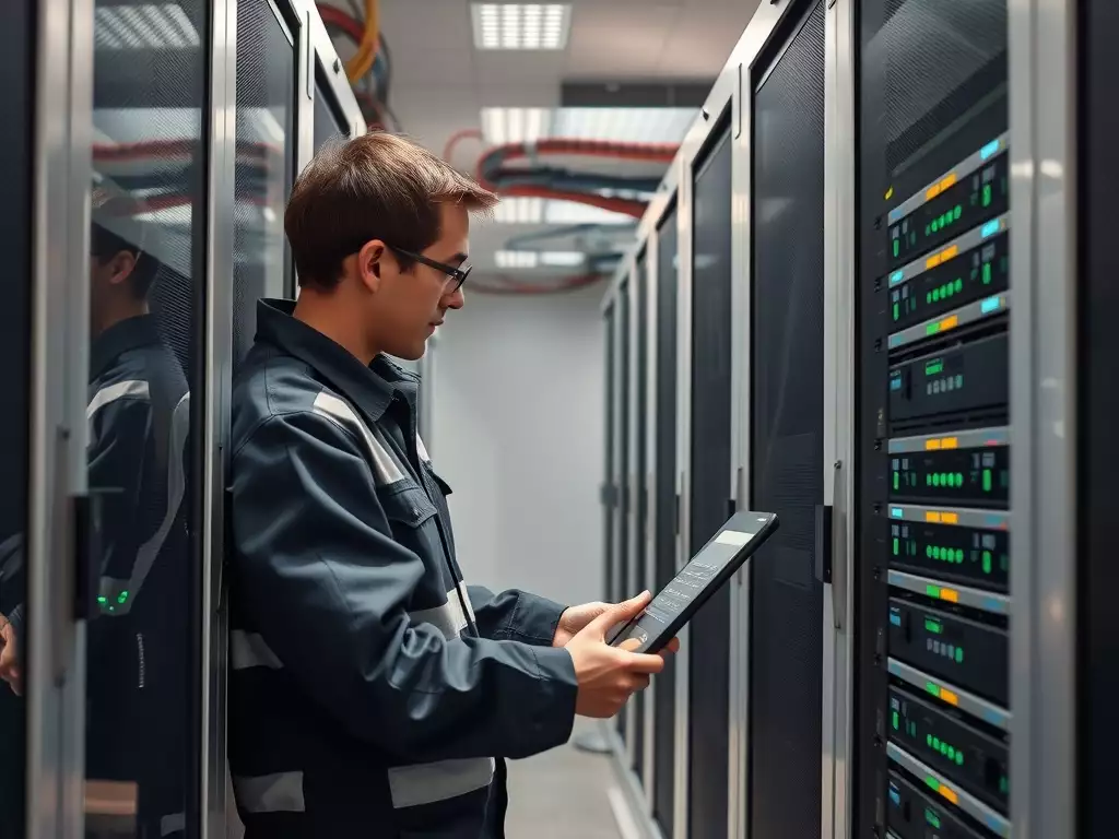 A technician checks servers in a data center