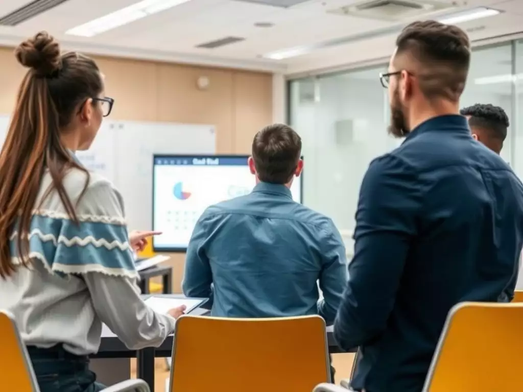 A training room with employees learning about cloud security.