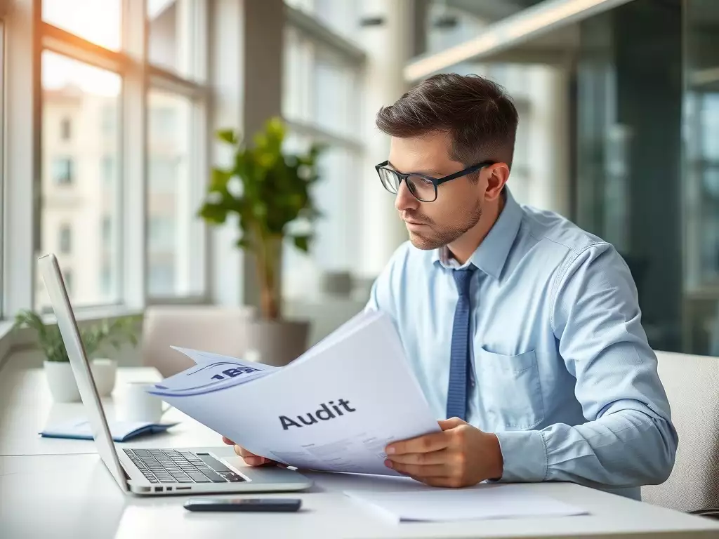 A professional reviews audit documents in a modern office.