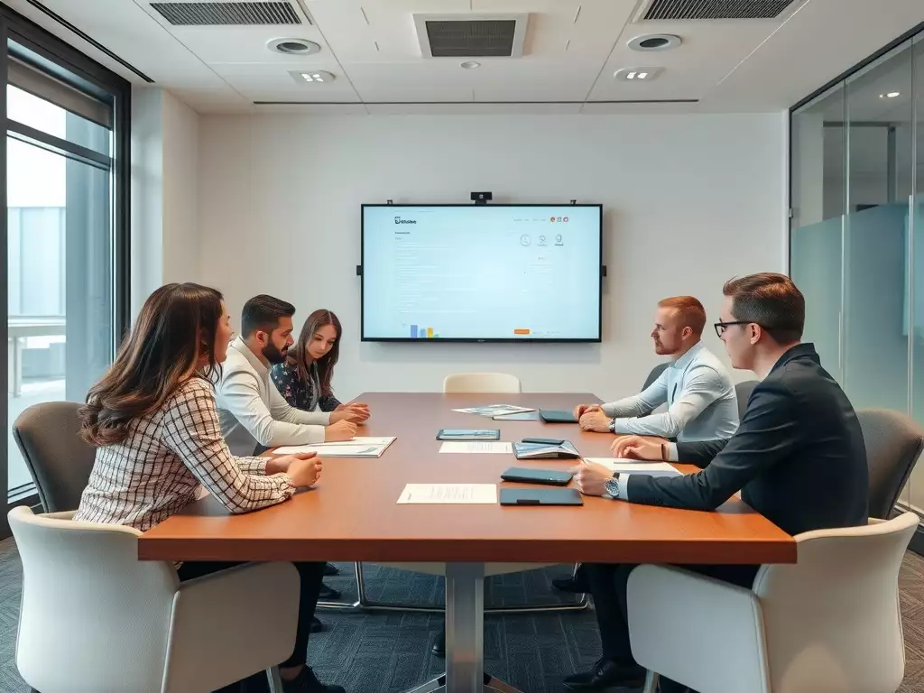 A meeting in a conference room with professionals discussing cloud security.