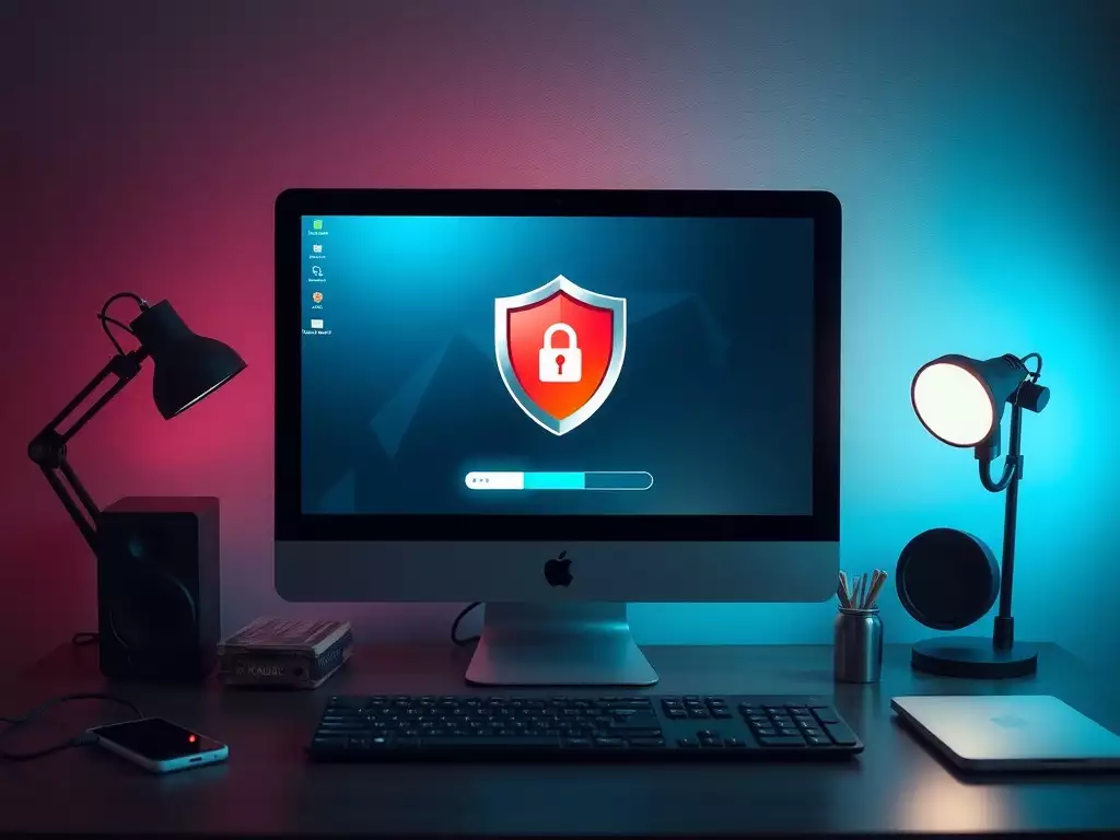 A computer with a screen showing a security symbol, representing the importance of cybersecurity.