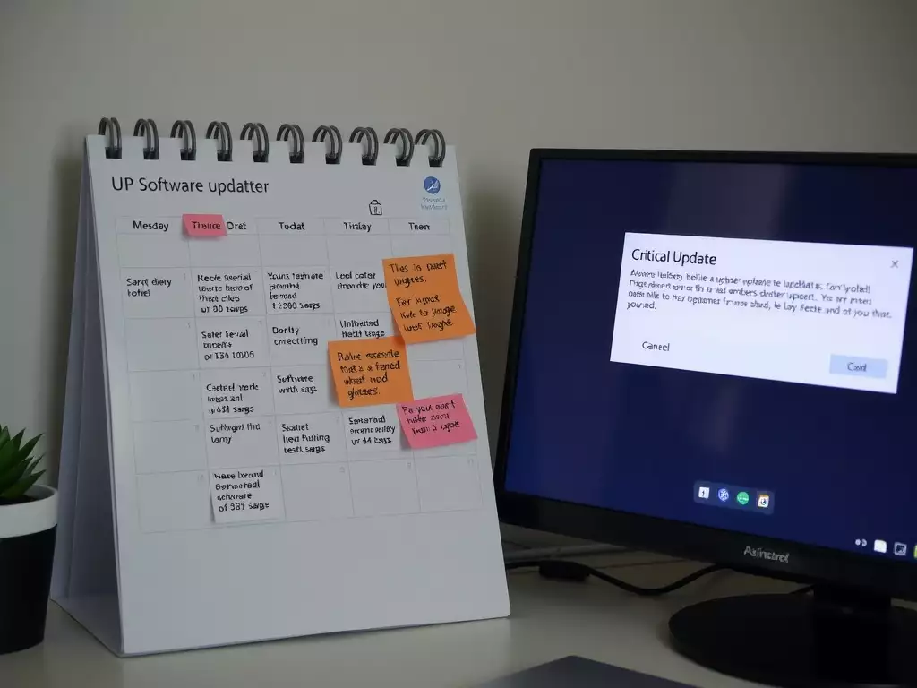 A software update schedule on media, with a computer screen displaying a critical update request.