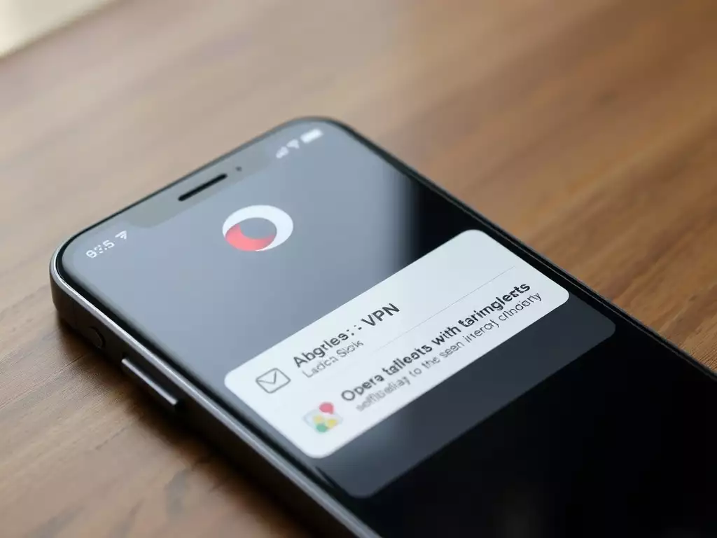 Screenshot of Opera browser on iPhone with VPN notification