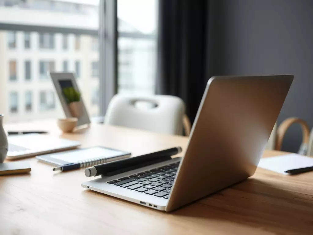 Un bureau moderne avec un ordinateur portable et d'autres appareils.