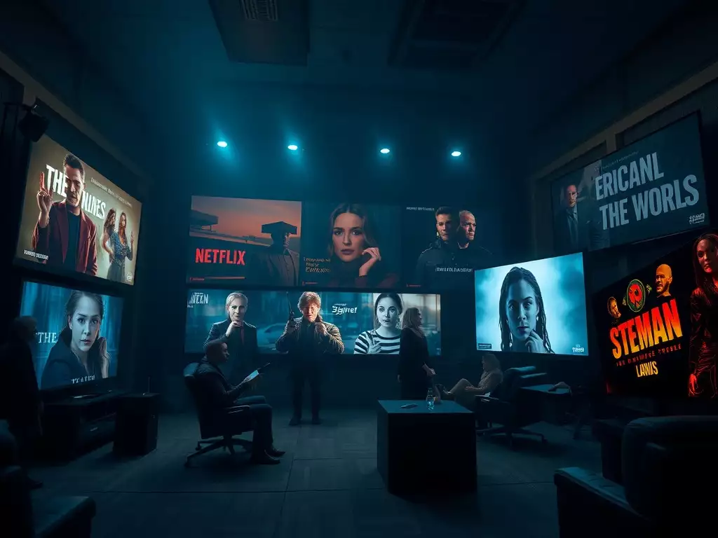 TV screens displaying content from different streaming services with people sitting in a room