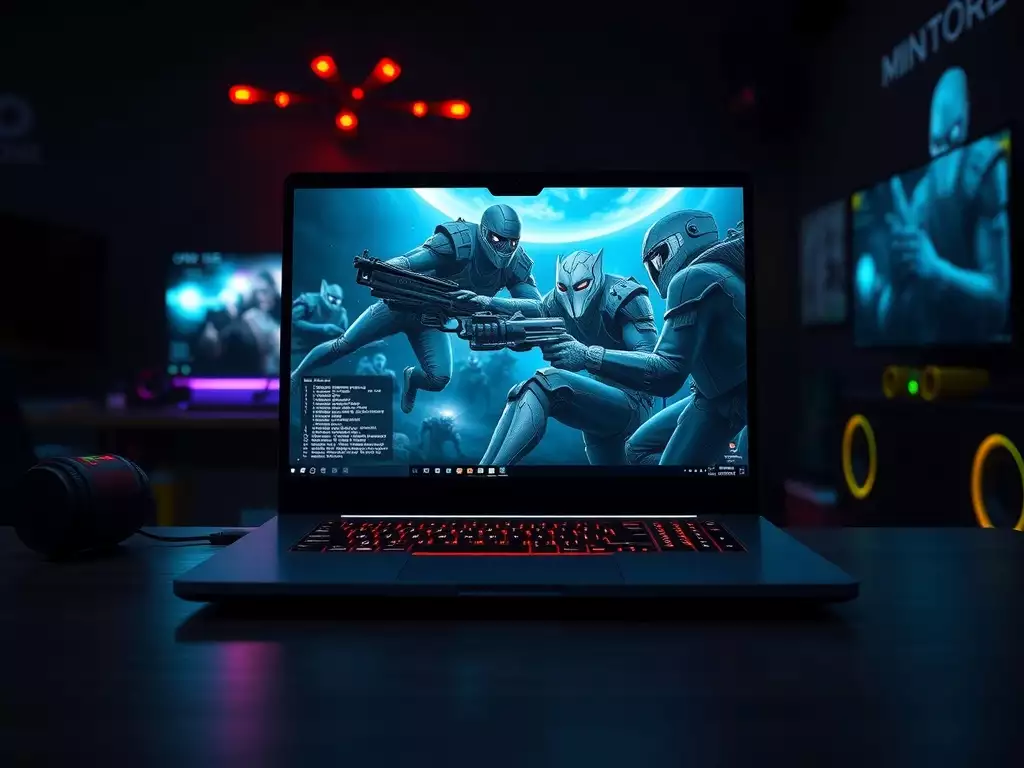 Un ordinateur portable de jeu avec un fond d'écran représentant des personnages de jeu en action, sur une table de jeu avec des lumières LED.