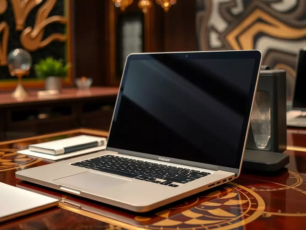 Un ordinateur portable élégant posé sur un bureau en bois avec un décor raffiné en arrière-plan