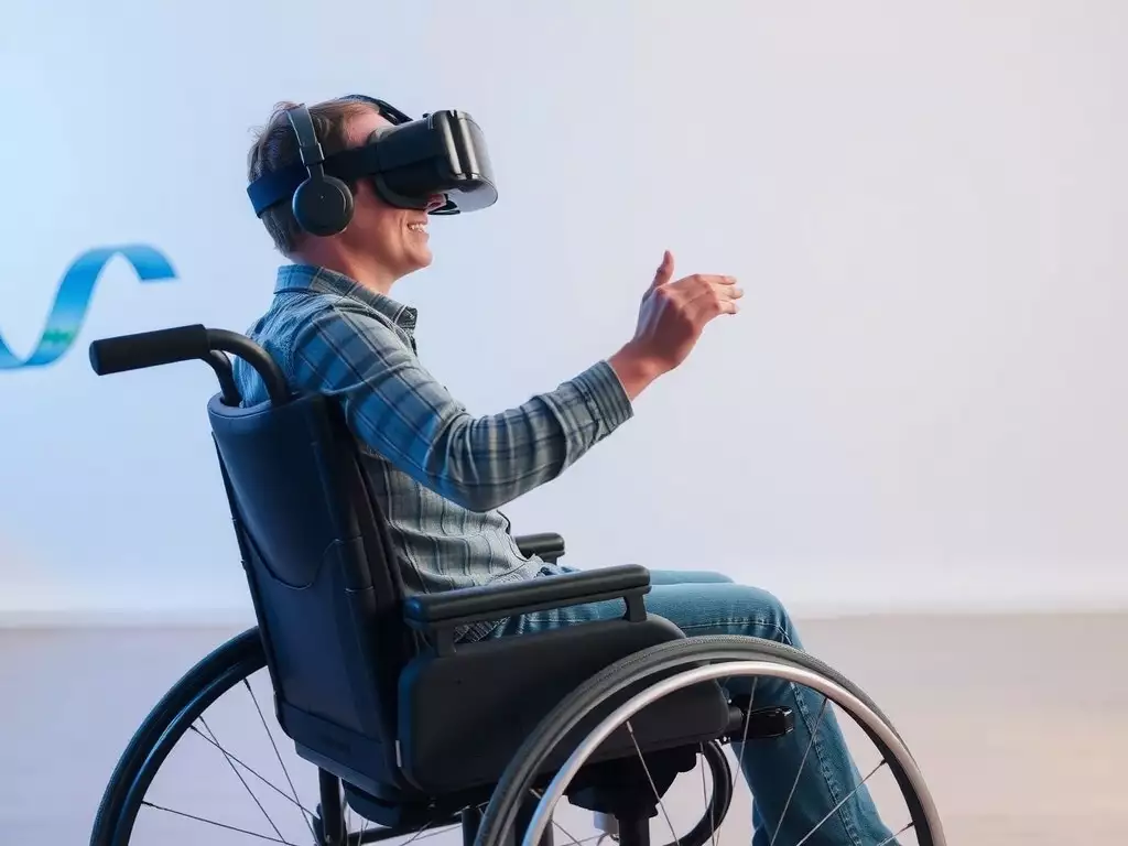 Une personne en fauteuil roulant utilisant un casque de réalité virtuelle.