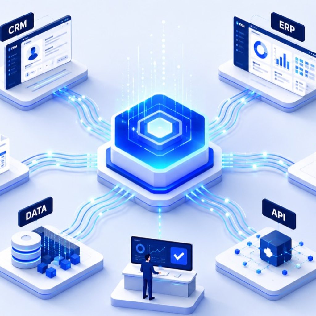 Schéma d'un agent IA en entreprise connecté au CRM, à l'ERP et aux outils métiers