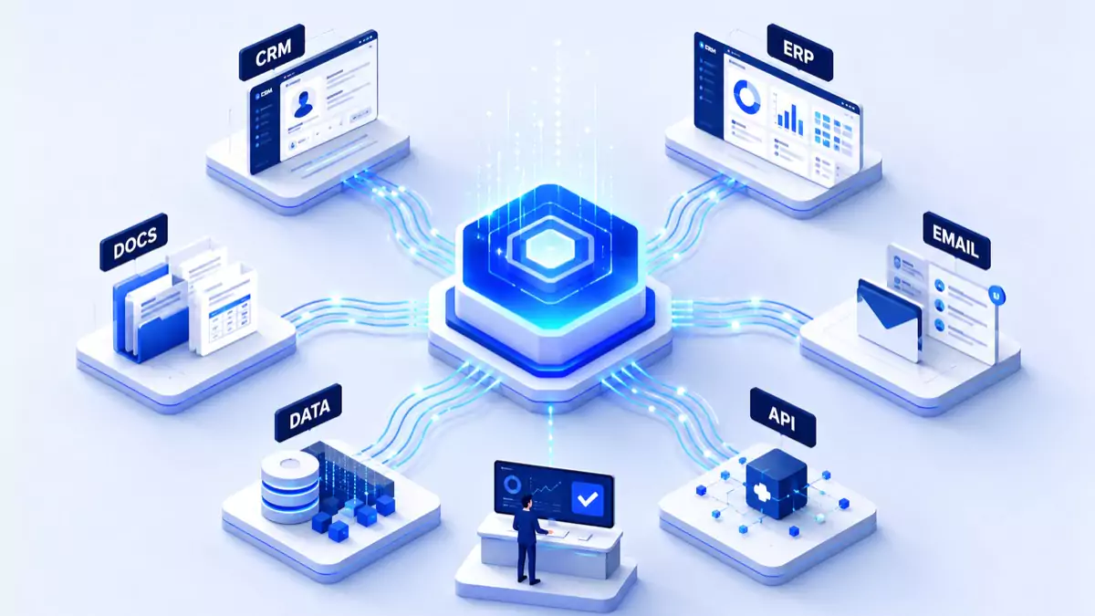 Schéma d'un agent IA en entreprise connecté au CRM, à l'ERP et aux outils métiers
